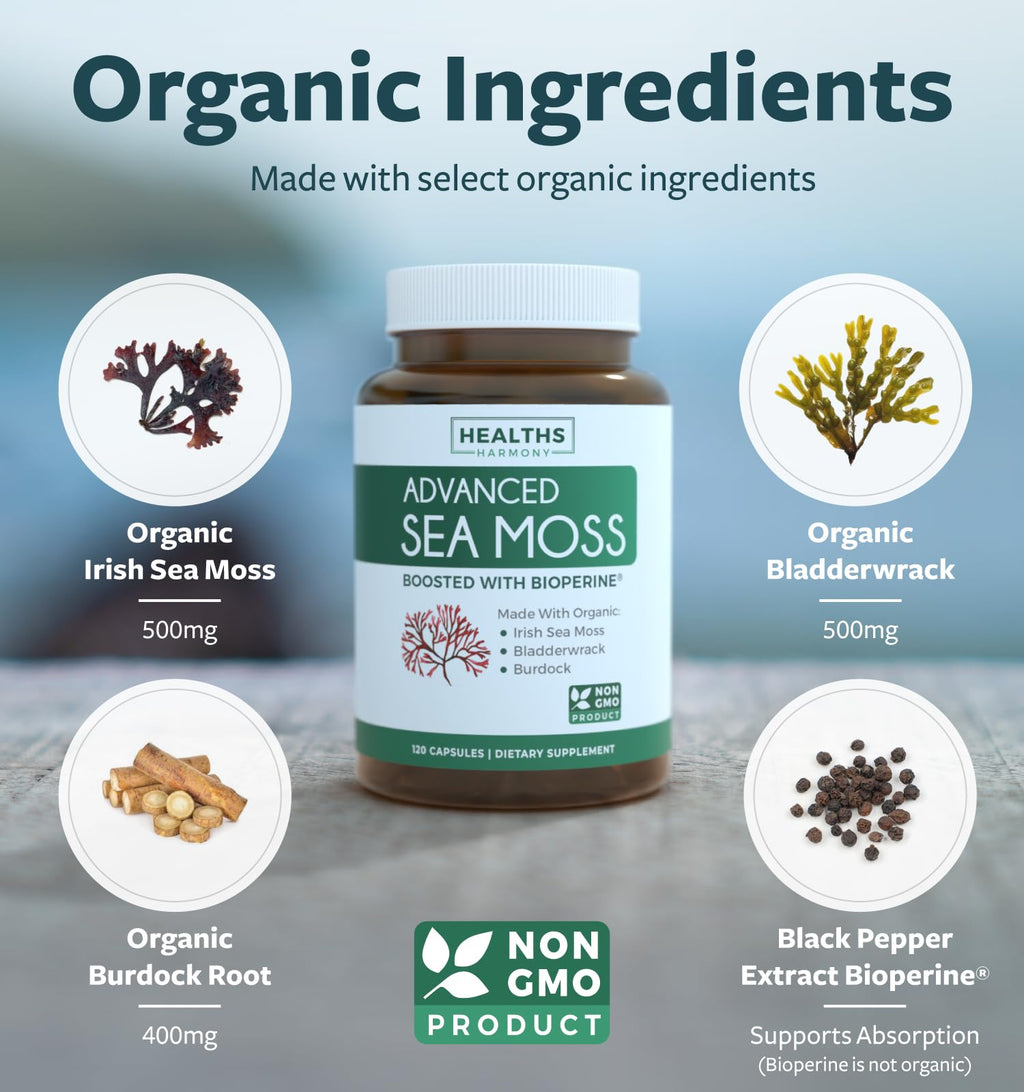 Organic Irish Sea Moss Capsules - Organic Sea Moss Capsules with Bladderwrack Burdock Root and Black Pepper Extract for Enhanced Absorption - Vegan Non-GMO & Made in The USA (2 Month Supply)