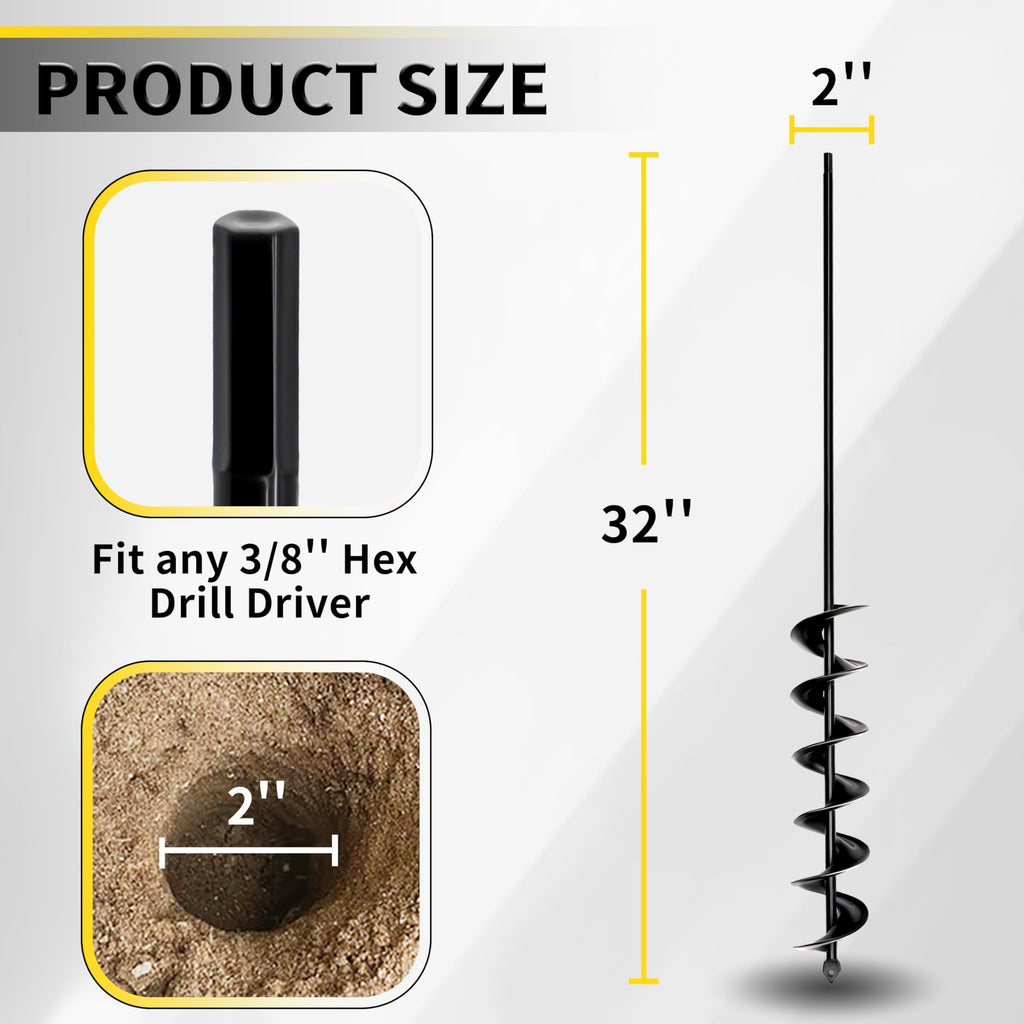 SORANGEUN 2”x32“ Auger Drill Bit for Planting, Heavy-Duty Planting Auger for Bulbs, Post Hole Digger for 3/8”Hex Drive Drill