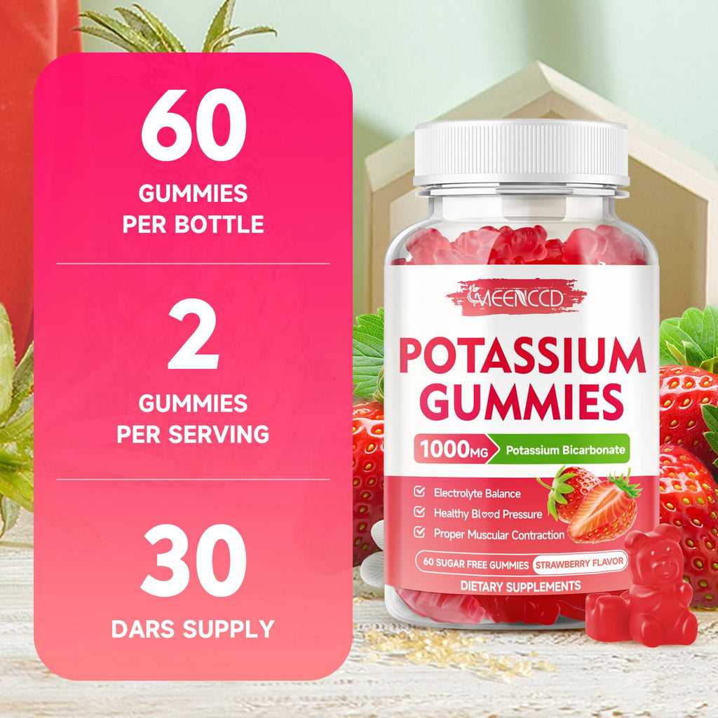 2 Pack Potassium Gummies 1000mg, Potassium Bicarbonate Supplement for Adults & Kids, Potassium Supplement for Electrolyte Balance & Muscle Heath, Sugar-Free, Strawberry Flavor, 120 Count