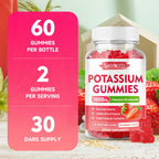 2 Pack Potassium Gummies 1000mg, Potassium Bicarbonate Supplement for Adults & Kids, Potassium Supplement for Electrolyte Balance & Muscle Heath, Sugar-Free, Strawberry Flavor, 120 Count
