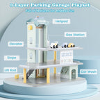 GLACER Wooden Garage Playset, Toddler Parking Garage Toy w/Elevator, Helipad, Wash Center, Charging & Gas Station, Pretend Vehicle Center for Kids 3+ Years Old