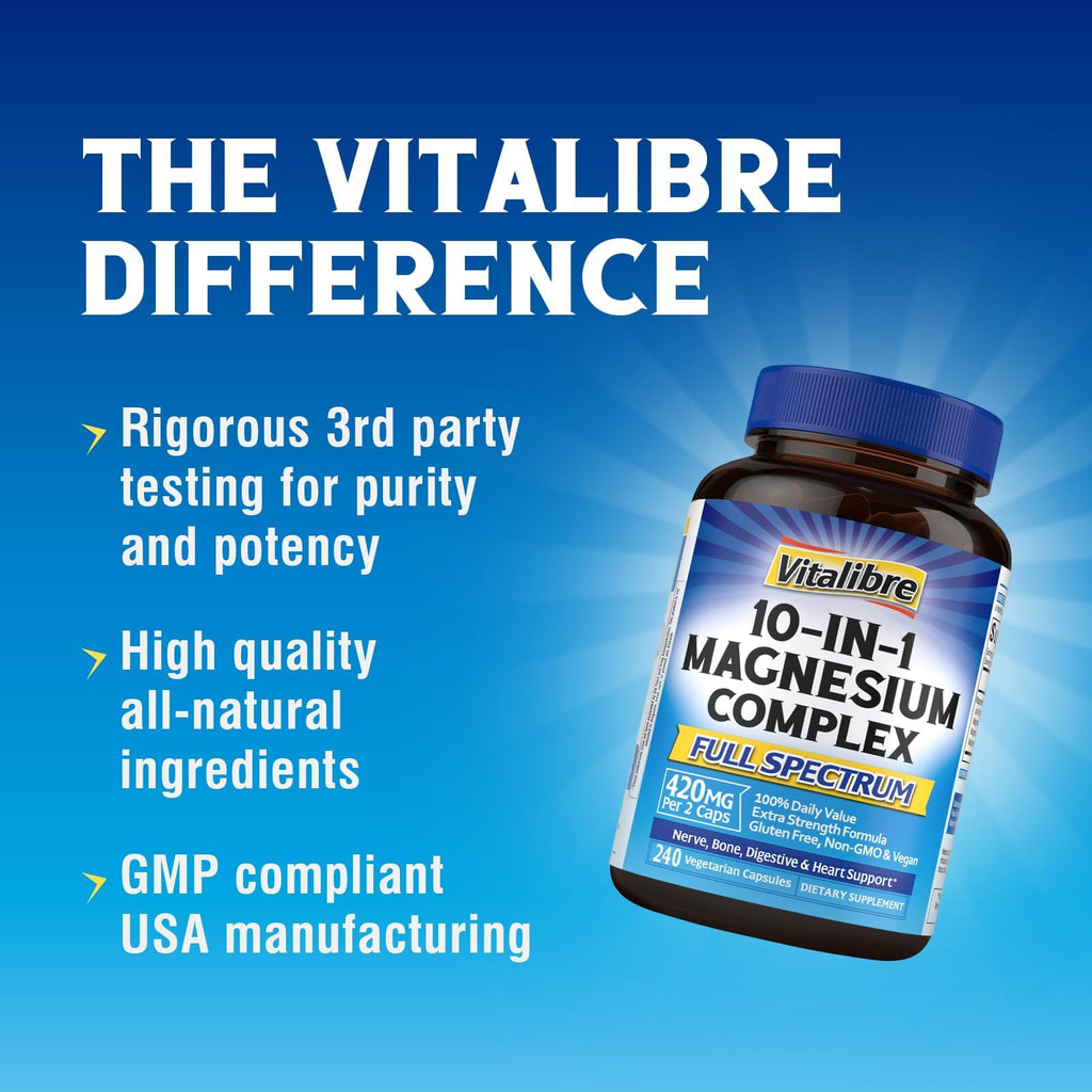 Vitalibre 10 in 1 Magnesium Complex, 420mg Elemental Magnesium | Ultra Strength, Max Absorption | Chelated Magnesium Supplement for Nerves, Bone & Heart Health | Non-GMO, 240 Vegan Capsules
