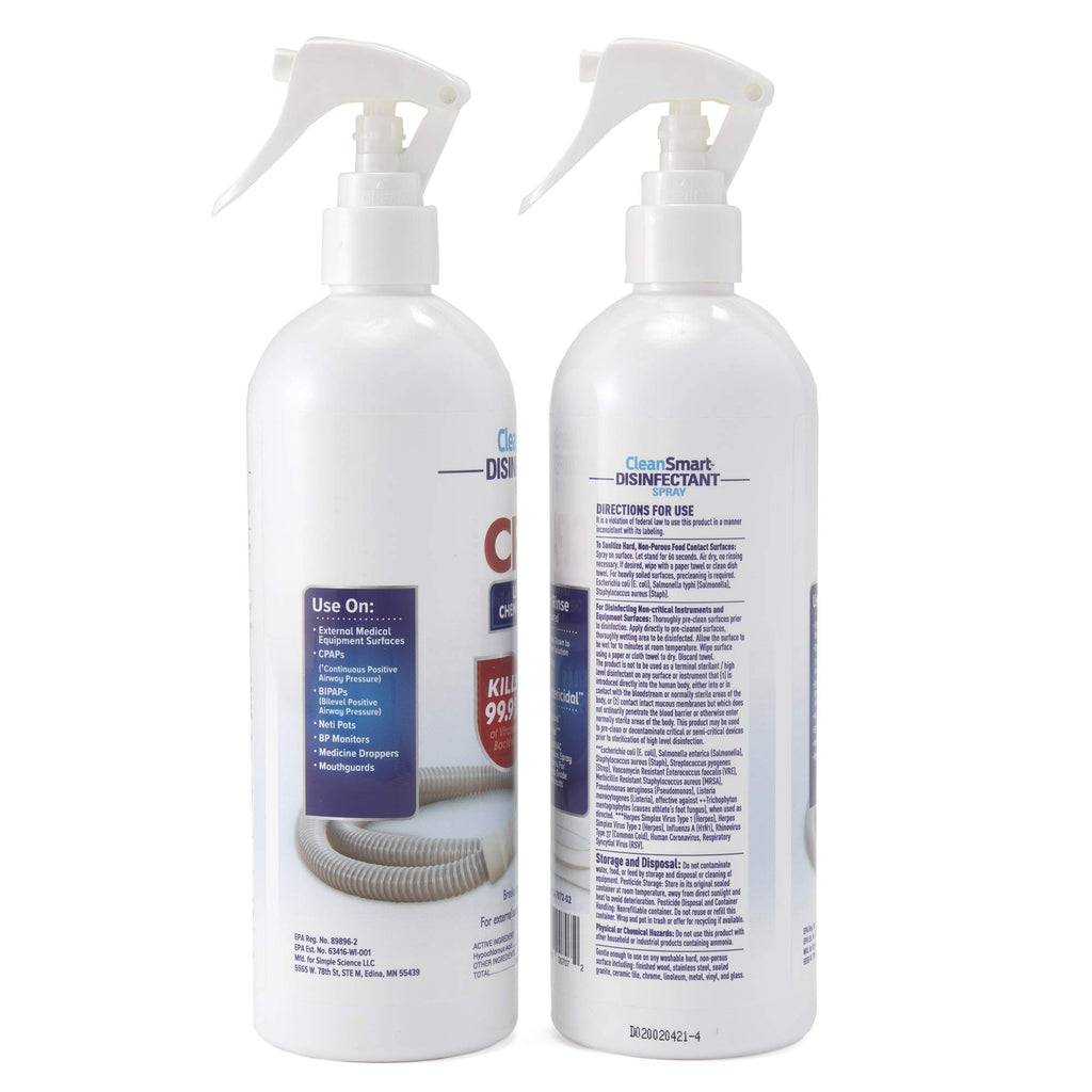 CleanSmart CPAP Disinfectant Spray, Kills 99.9% of Bacteria and Viruses on CPAP Equipment, No Residue, 16 oz (Pack of 2)