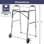 Foldable Lightweight Walker with 2 Wheels, Includes Ski Glides - Folding Design Ideal for Seniors and Elderly Adults - Adjustable for Tall Men and Women - Standing Handicap Mobility Aids