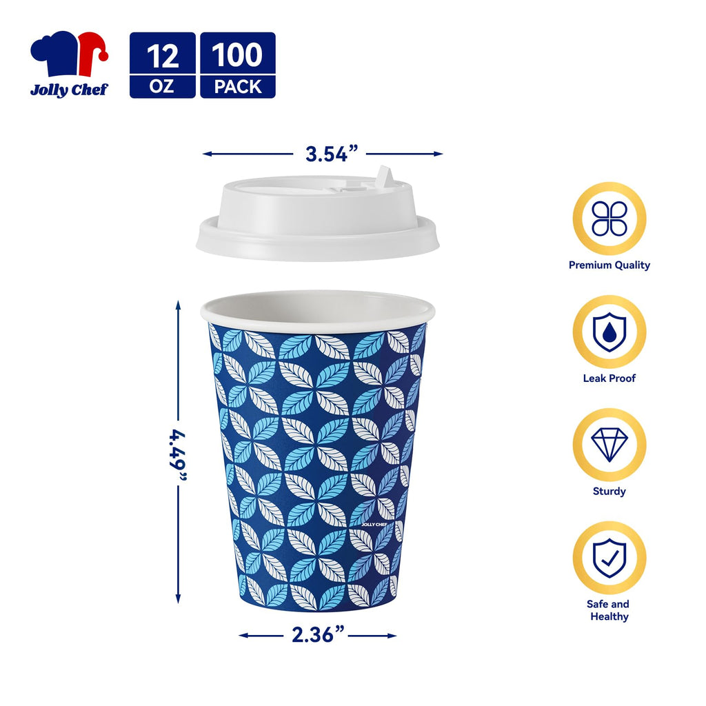 JOLLY CHEF 12oz Paper Coffee Cups with Lids 100 Pack