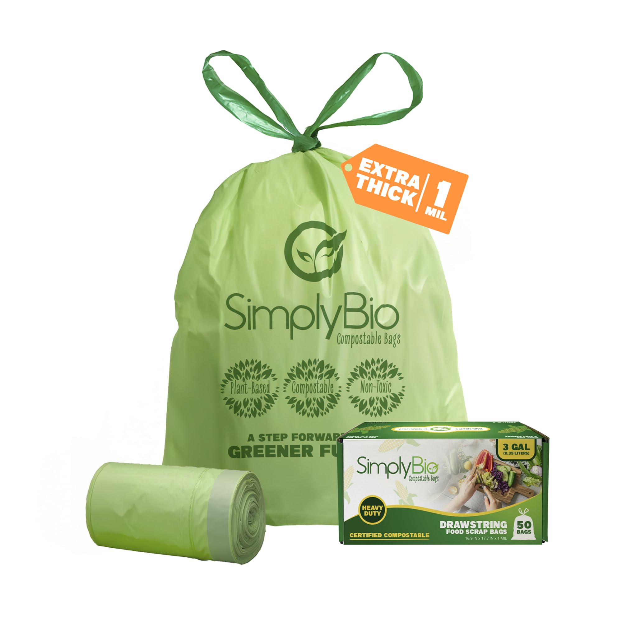 Simply Bio 3 Gallon Compostable Trash Bags Liners Drawstring, Heavy Duty Extra Thick 1 Mil, 11.36 Liter, 50 Bags, Small Kitchen Food Scrap Waste Bag, ASTM D6400, US BPI and OK Compost Home Certified