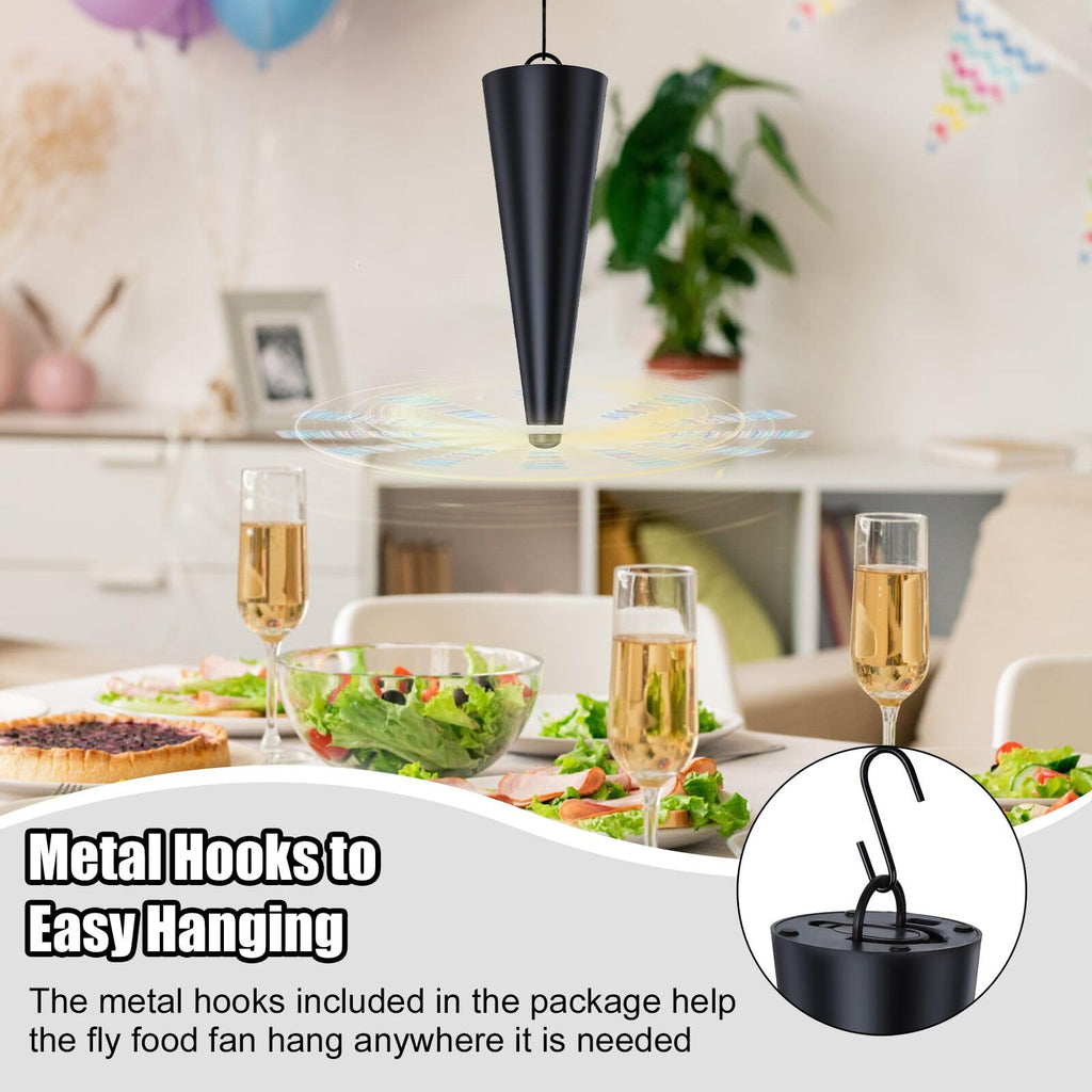 Glovv Fly Fans for Tables, Food Fan to Keep Flies Away, 4 Pack Portable Outdoor Indoor Batteries Powered Picnic Table Top Spinner with Metal Hanger, Bug Repellent for Restaurant, Camping (Black)