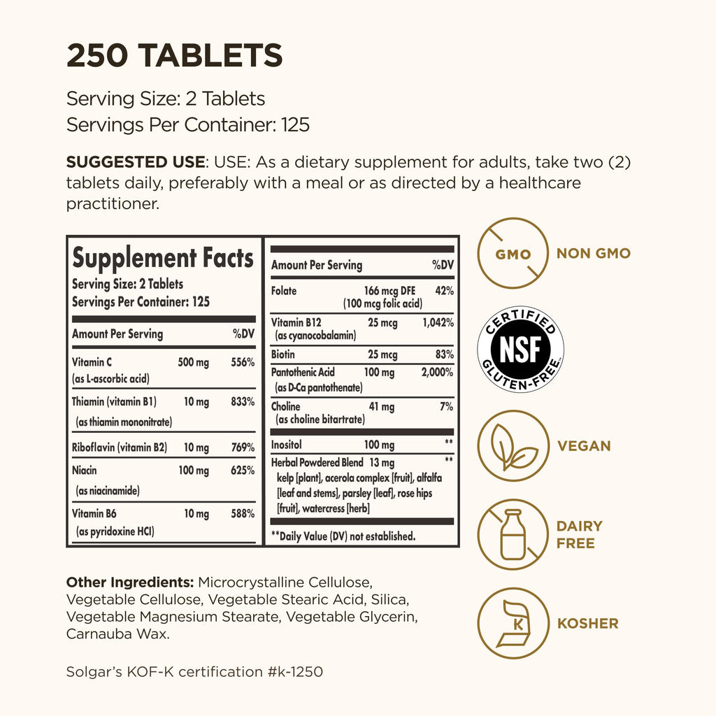 Solgar B-Complex with Vitamin C Stress Formula, 250 Tablets - Energy Metabolism, Nervous System & Immune Support - Non-GMO, Vegan, Gluten Free, Dairy Free, Kosher - 125 Servings