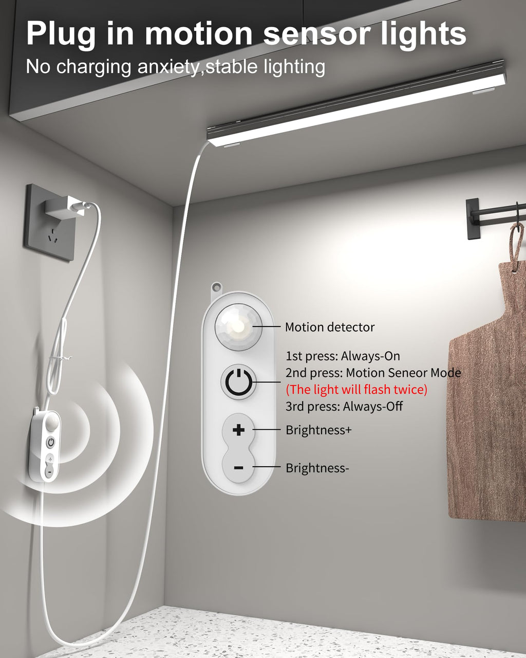 ASOKO Motion Sensor Dimmable Led Under Cabinet Lighting,12 inches Plug in Led Counter Light Bars, Cool White 6000K Light Bar for Kitchen/Closet/Wardrobe/Shelf/Desk/Display Case