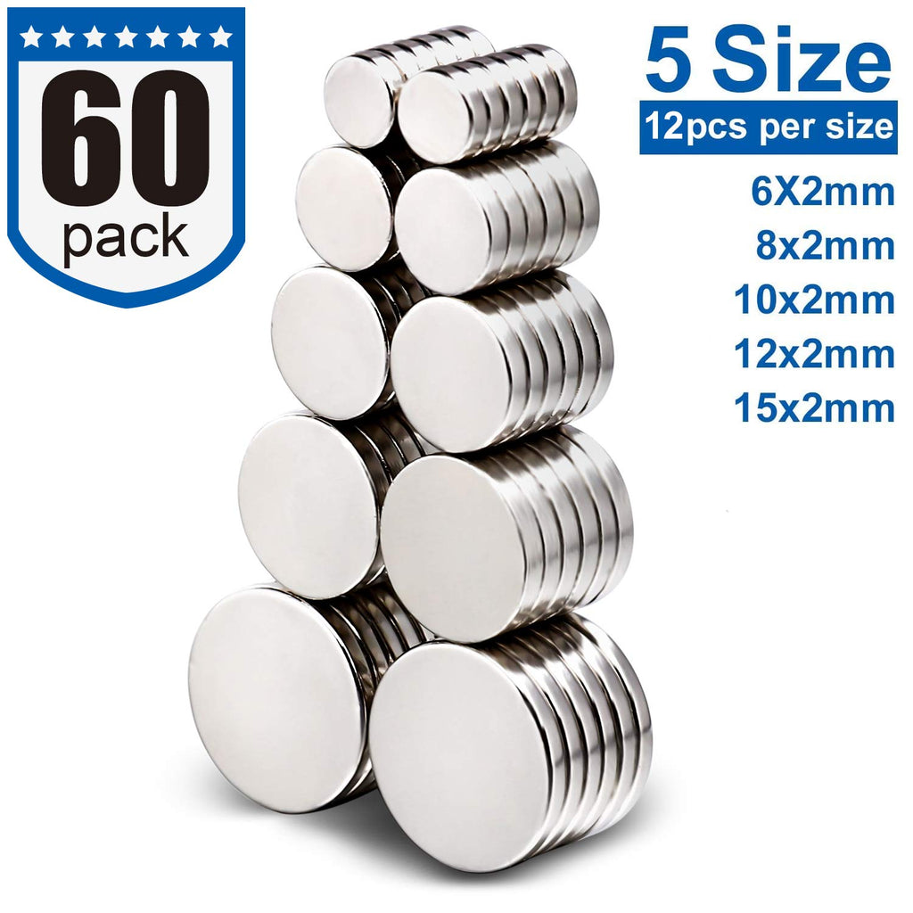 DIYMAG 60Pcs Small Refrigerator Magnets, 5 Sizes Rare Earth Disc Magnets
