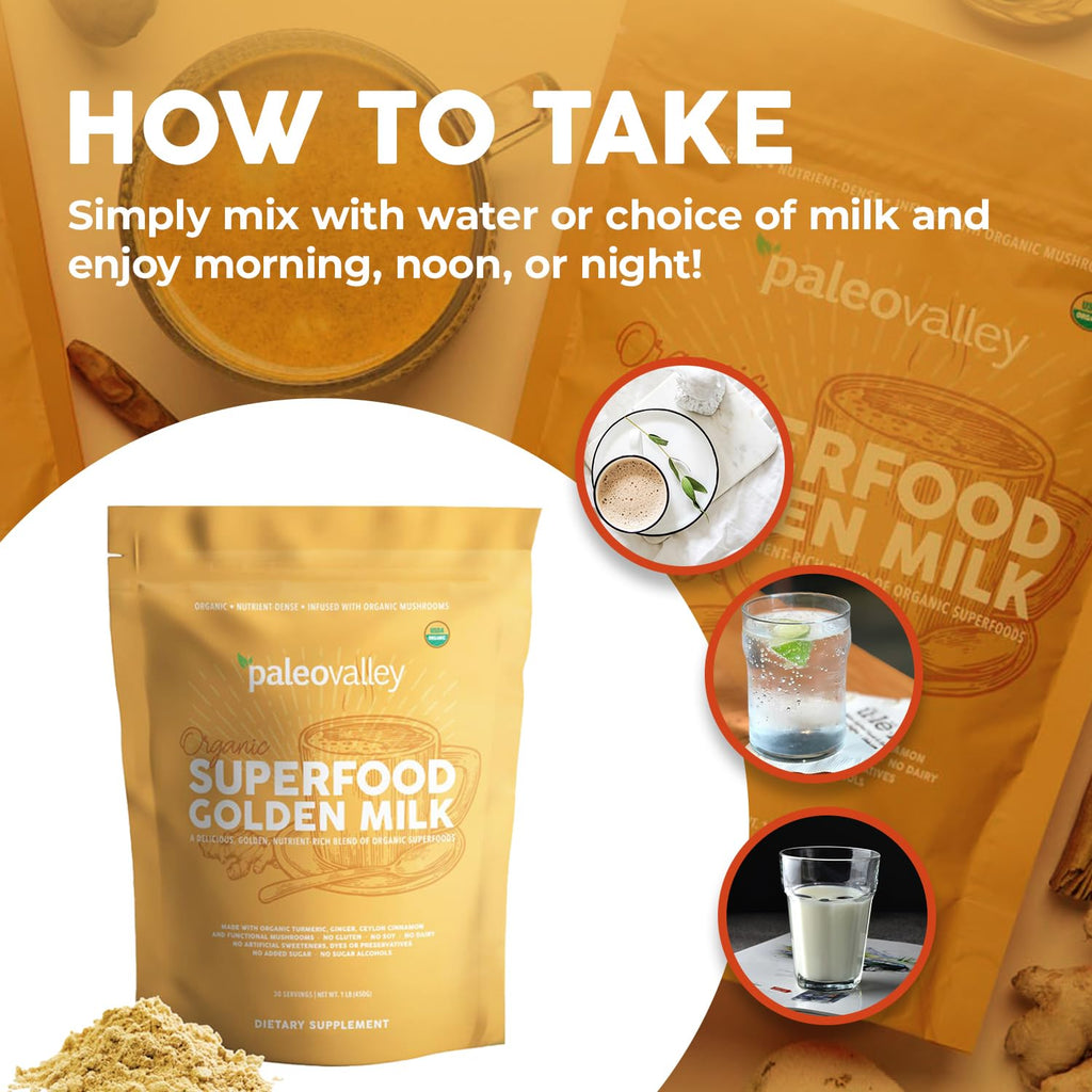 Paleovalley Organic Superfood Golden Milk - Immune, Focus, Cognitive, Longevity - Turmeric, MCT-Rich Coconut Milk, Functional Mushrooms, 30 Servings