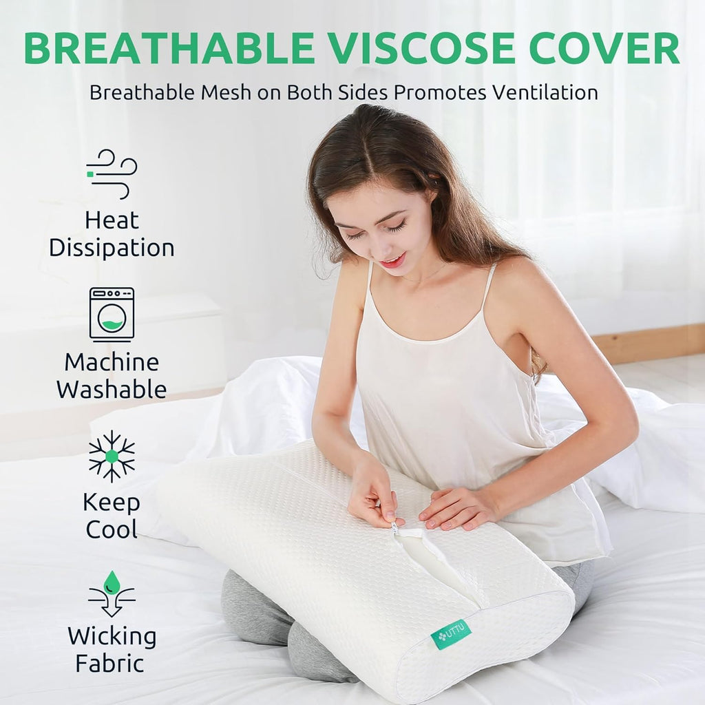 UTTU Cervical Pillow for Neck Strain Relief, Memory Foam Neck Pillow for Sleeping, Adjustable Orthopedic Sandwich Pillow, Contour Cooling for Side Back Stomach Sleeper, 23.6"×14"×5.2"/4.5"