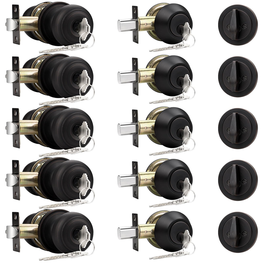 Probrico Entry Door Knob Keyed Alike with Single Cylinder Deadbolt Combination, Oil-Rubbed Bronze, 5 Pack