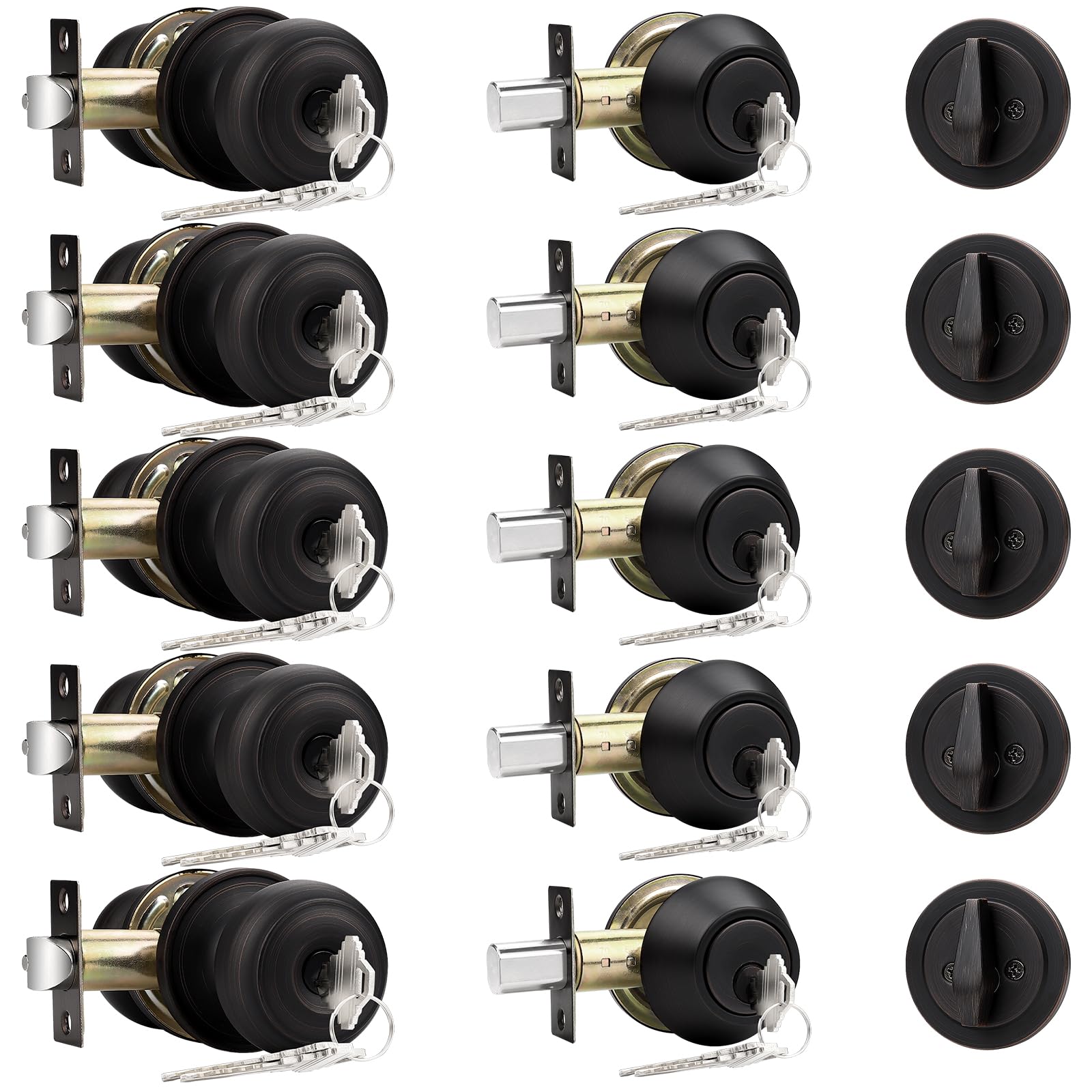 Probrico Entry Door Knob Keyed Alike with Single Cylinder Deadbolt Combination, Oil-Rubbed Bronze, 5 Pack