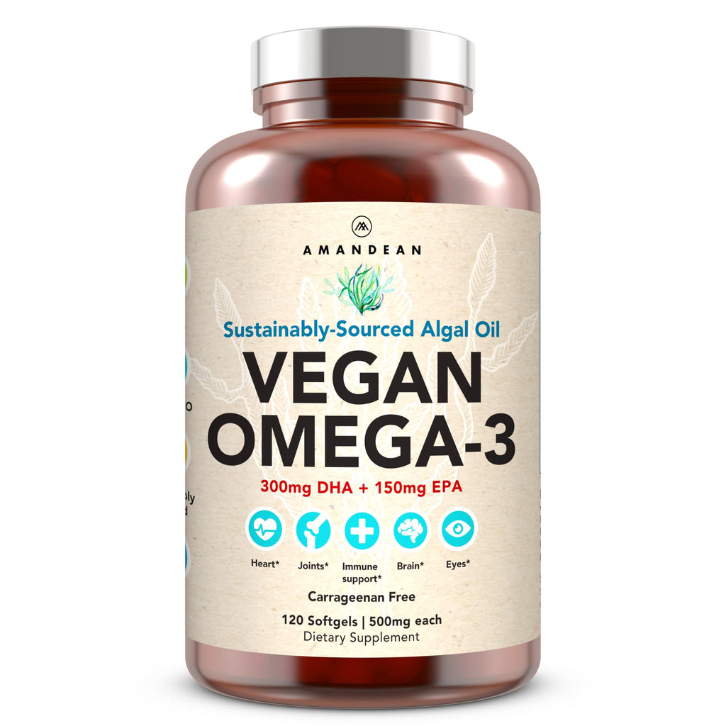 AMANDEAN Vegan Omega 3 Supplement. Premium Fish Oil Alternative. Algae DHA & EPA. Carrageenan Free Softgels. Algal Essential Fatty Acids. Plant Based Heart, Brain, Eye, Skin, Immune Support. (120ct)