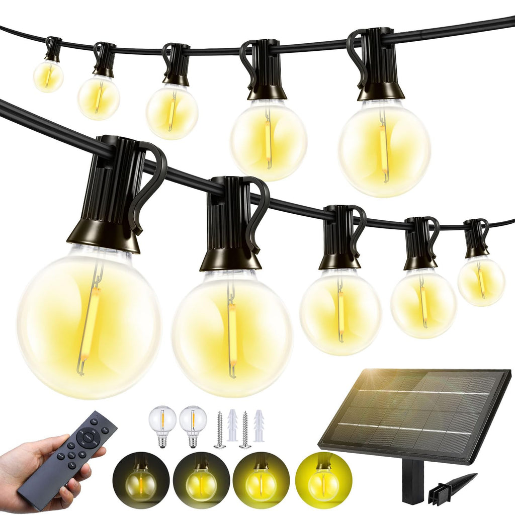 FUANXIEI 150FT Solar Lights Outdoor Waterproof: G40 45M Shatterproof Bulbs Patio Lights - Solar Powered Remote Control 3 Light Modes Dimmable Solar Light - Camping Backyard Garden Deck Outside Yard