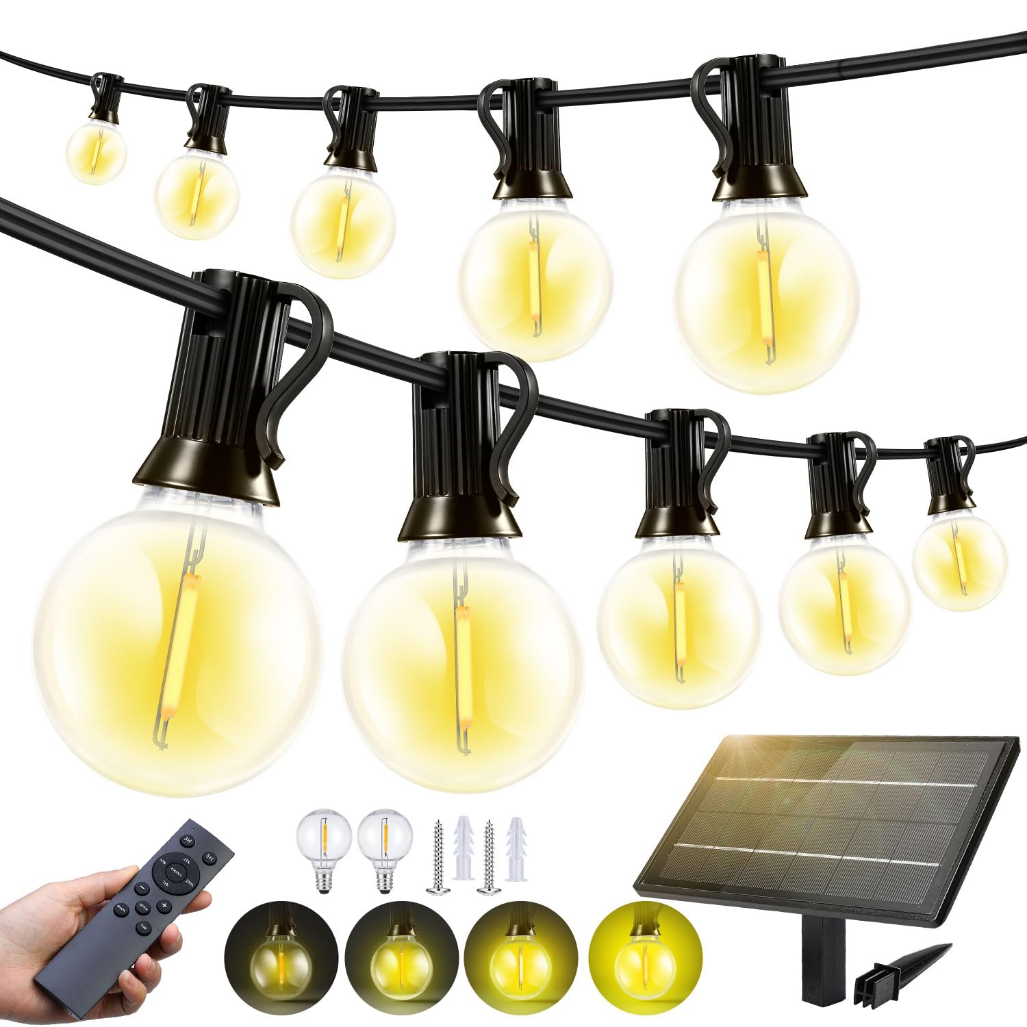 FUANXIEI 150FT Solar Lights Outdoor Waterproof: G40 45M Shatterproof Bulbs Patio Lights - Solar Powered Remote Control 3 Light Modes Dimmable Solar Light - Camping Backyard Garden Deck Outside Yard