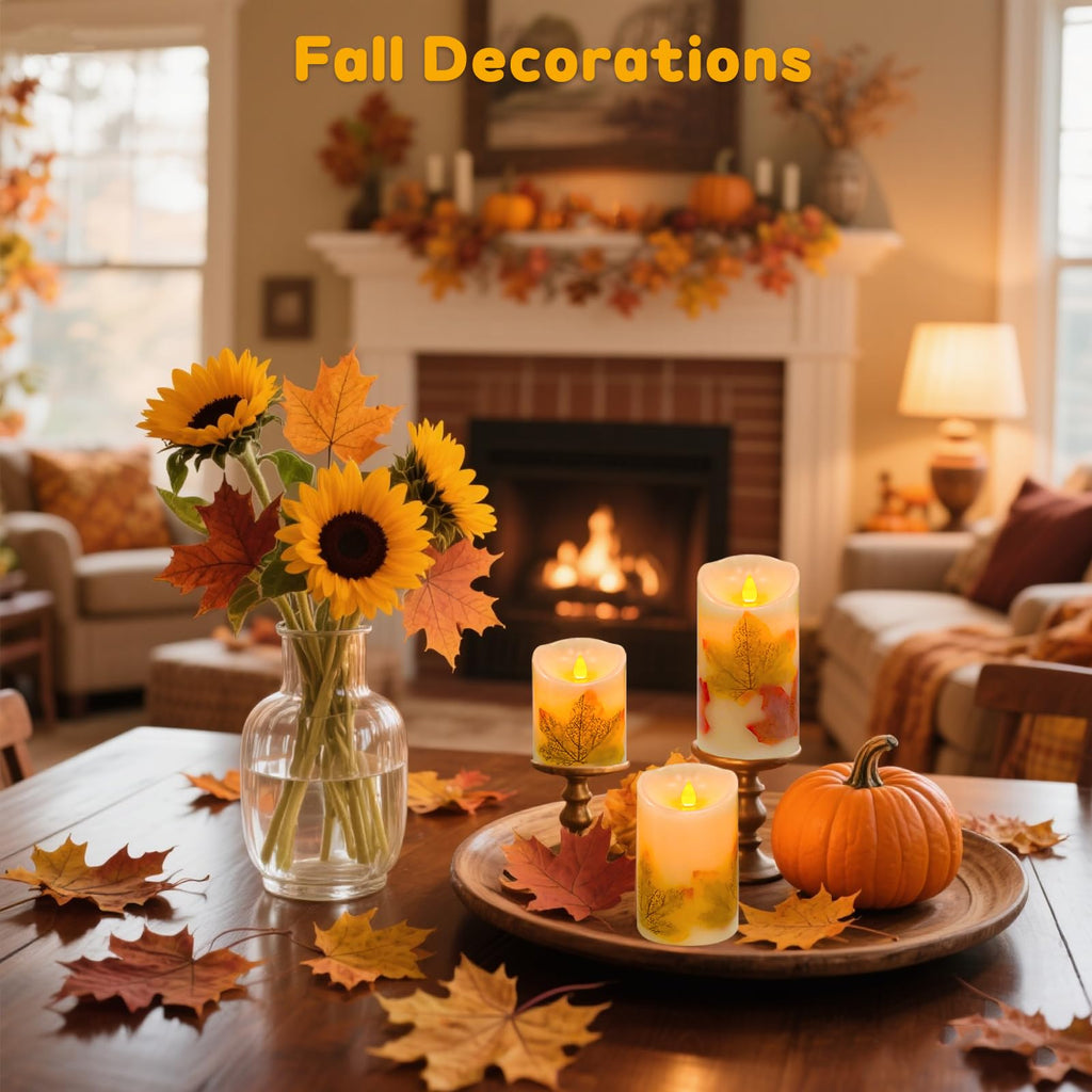Maple Leaf Flameless Candles Set of 3, Fall Candles with Remote & Timer