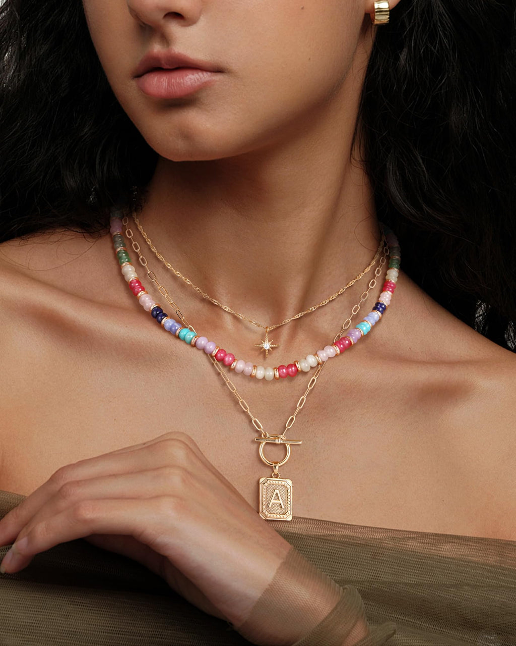 MJartoria Layered Initial Necklaces for Women Trendy, 14K Gold Plated Simple Star Choker Square Letter Pendant Necklace, Colorful Beaded Necklace, Gold Necklaces Jewelry Gifts (K, Gold Plated)