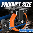 Caster Wheels 5"，Heavy Duty Caster Wheels Set of 4, Dual Lock PU Casters, Industrial Swivel Casters for Workbench, Furniture & Tool Cart – Smooth, Silent & Durable