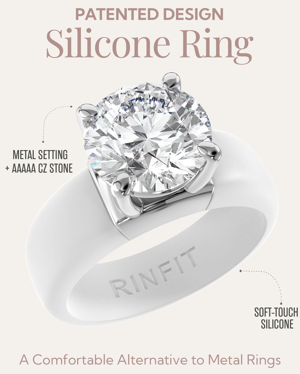 Rinfit Silicone Ring with Stone, Round Cut CZ - Pack: A, Wht/Sil, Size 7