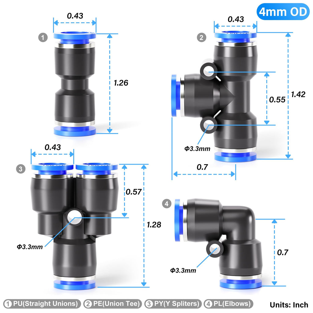 TAILONZ PNEUMATIC 5/32 inch or 4mm od Push to Connect Fittings Pneumatic Fittings Kit 10 Spliters+10 Elbows+10 tee+10 Straight (40 pcs)