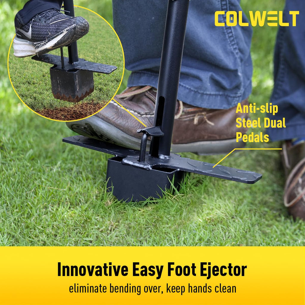 Colwelt Sod Plugger Tool 36-INCH, Grass Plug Tool 3 x 3 Square with Serrated Base, Bulb Planter Tool Long Handle with Dual Pedals & Easy Foot Ejector, Sod Turf Cutter for Lawn Planting Grass Repair