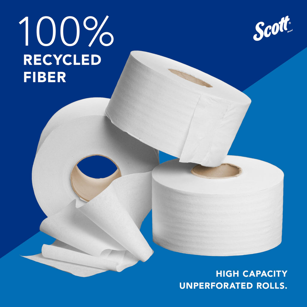 Scott Professional 100% Recycled Fiber High-Capacity Jumbo Roll Toilet Paper, Bulk (67805), 2-Ply, Septic Safe, White, Non-Perforated (12 Rolls at 1,000' Each, 12,000'/Case)