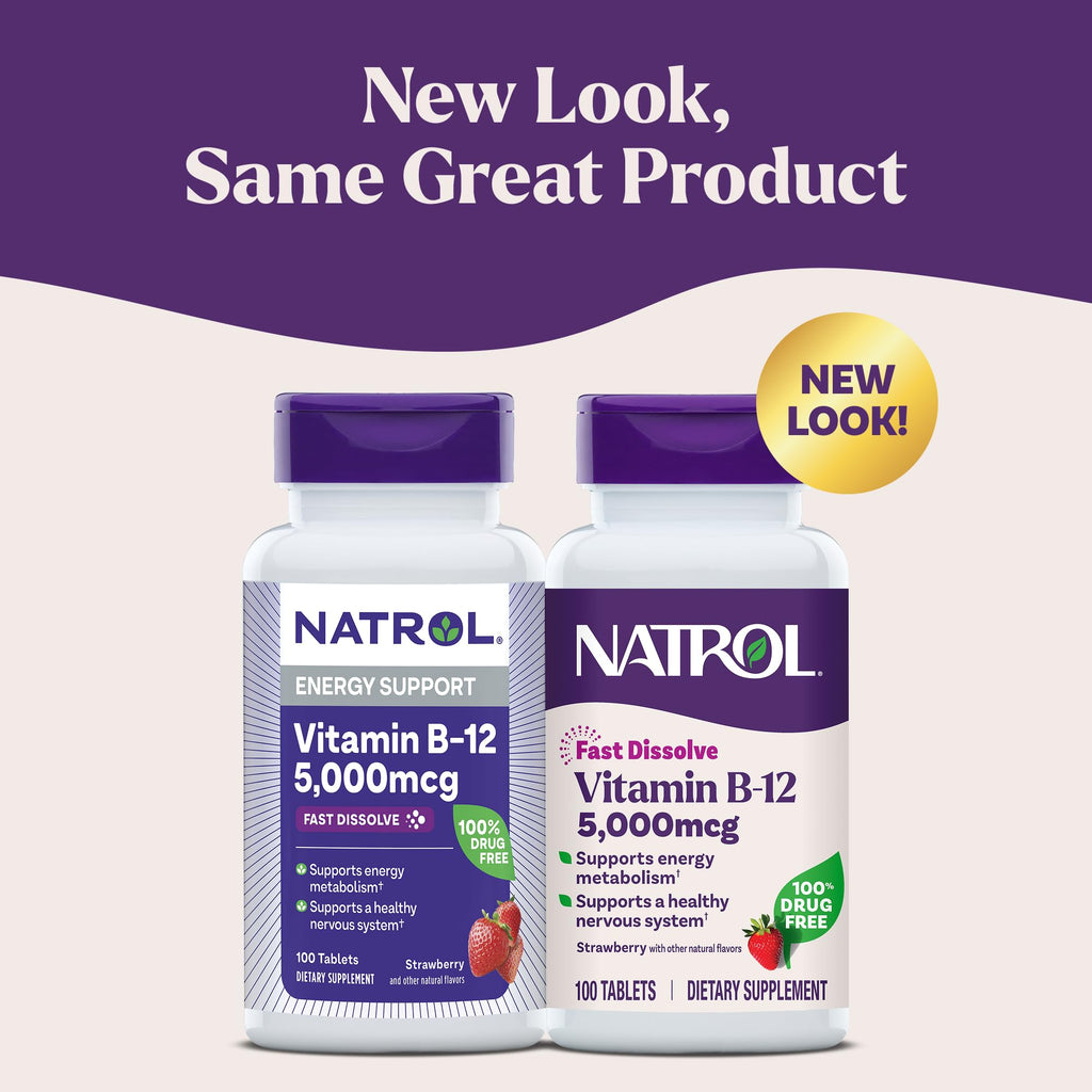 Natrol Vitamin B12 5,000 mcg, Fast Dissolve Vitamin B12 Supplement Supports a Healthy Nervous System and Energy Metabolism, 100 Tablets, Up to a 100 Day Supply