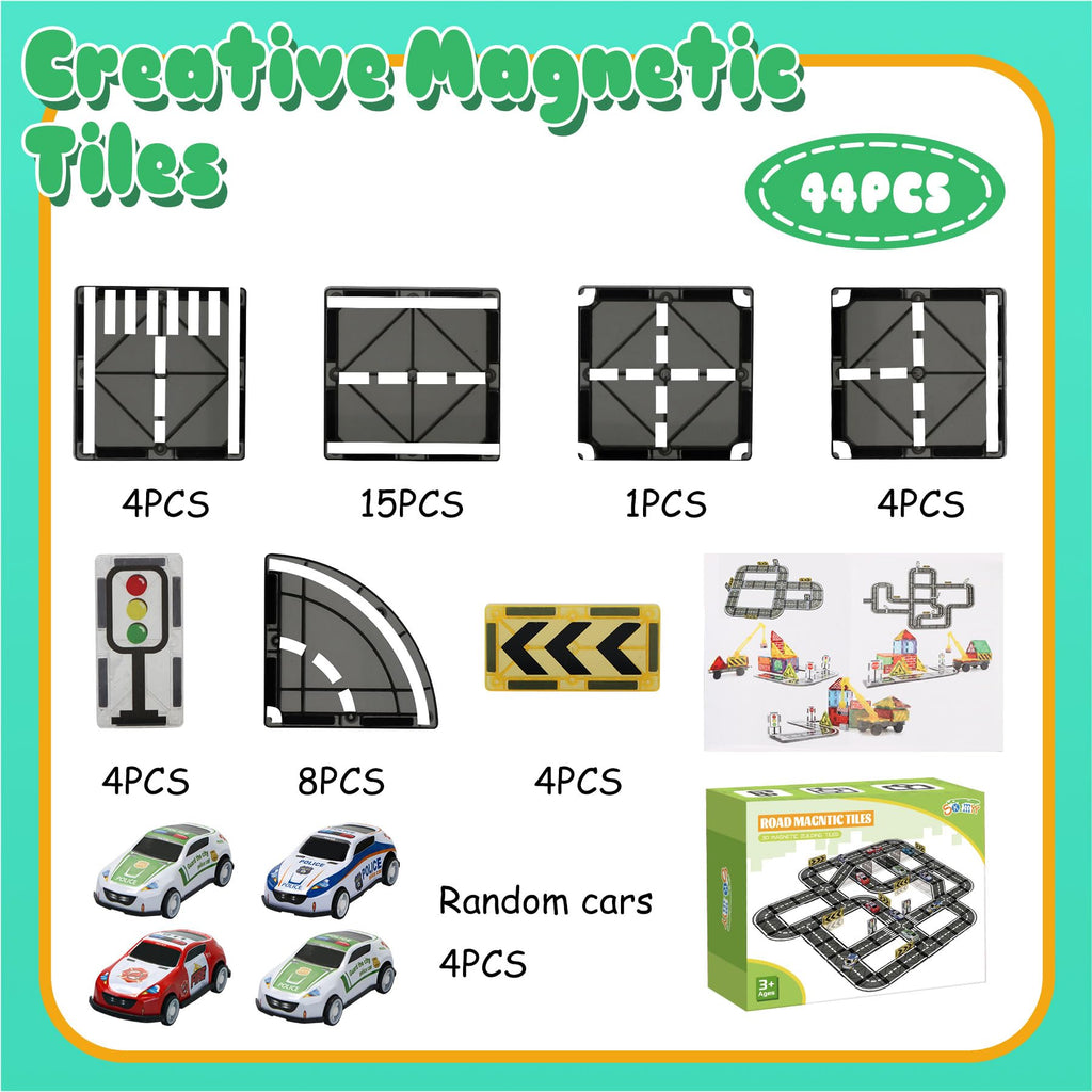 Magnetic Tiles Road Set with Pullback Car, Magnetic Tiles for Kids Ages 3-5 4-8, Magnet Building Tile for Toddler Kids Boys Girls, Creative STEM Building Toy & Learning Educational Magnet Toys