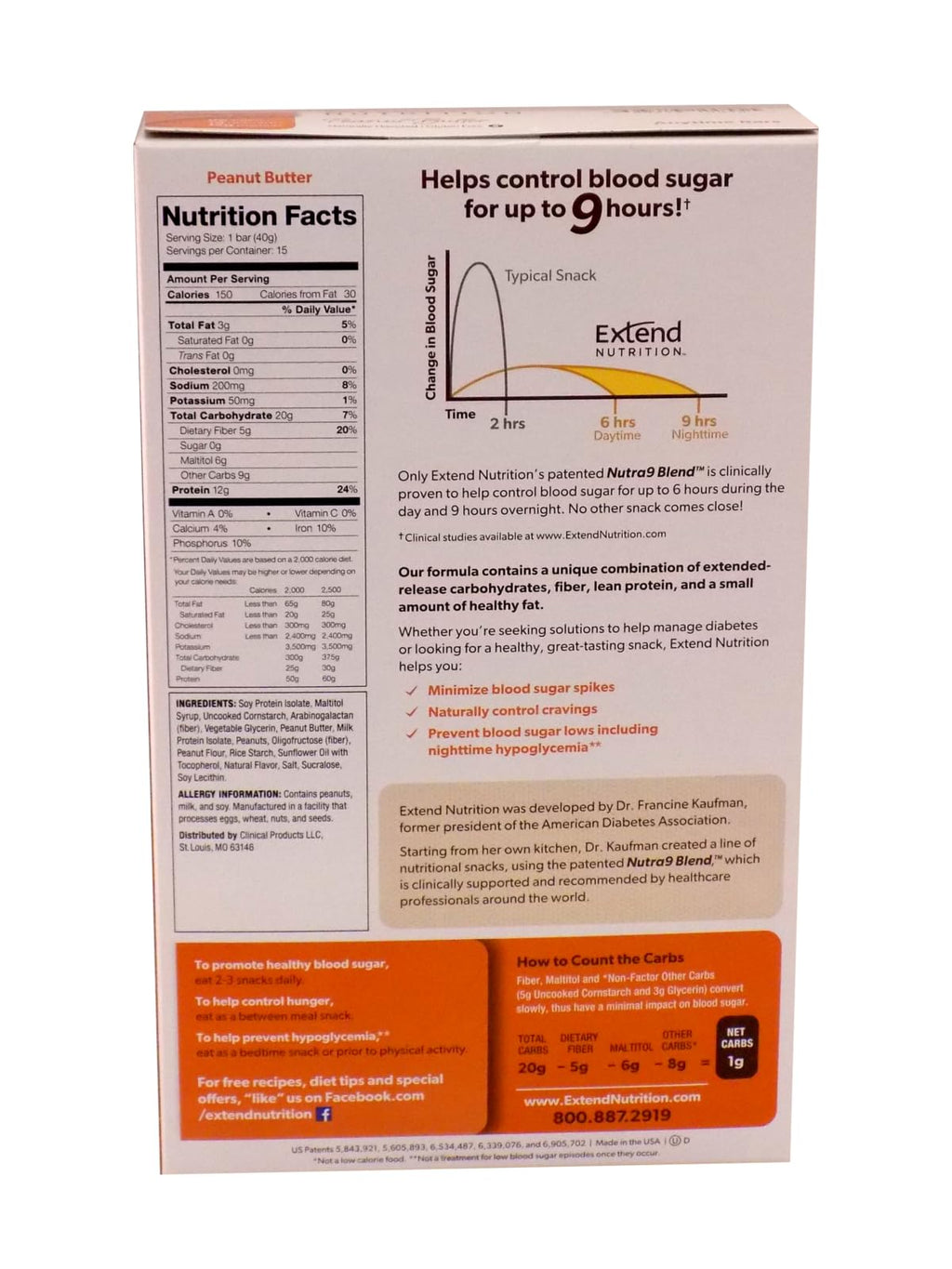 Extend Sugar Free Protein Bars, Perfect Diabetic Snacks, High Protein and Fiber, Hunger Control & Steady Energy, Low Carb, Keto Friendly (Peanut Butter)