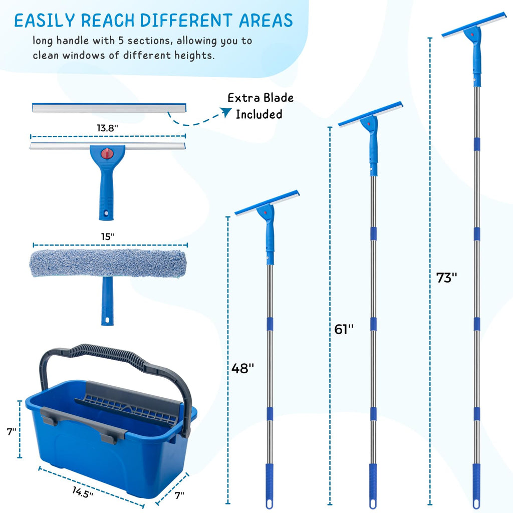 Window Cleaning Kit for Home and Commercial Use, 6 Ft Long Handle Professional Glasses Cleaner Squeegee with 3 Gallon Bucket and Spray Bottle and Scrubber, Car Windshield Washing Tool