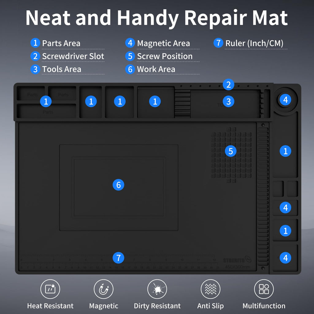 STREBITO Solder Mat Electronics Mat Silicone Repair Mat, Heat Resistant 932°F, Magnetic Project Mat Solder Pad for Soldering, Computer, Laptop, Cell Phone, RC, Gun, Size 17.7" x 11.8" (Black)