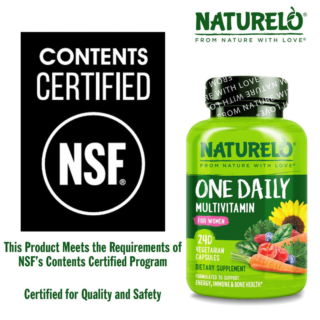 NATURELO One Daily Multivitamin for Women w/Vitamin B12, 240 Ct, Energy Support, Whole Food Daily Women Multivitamin Supplement, Nourish Hair/Skin/Nail, Non-GMO, No Soy, Gluten Free, 8 Month Supply