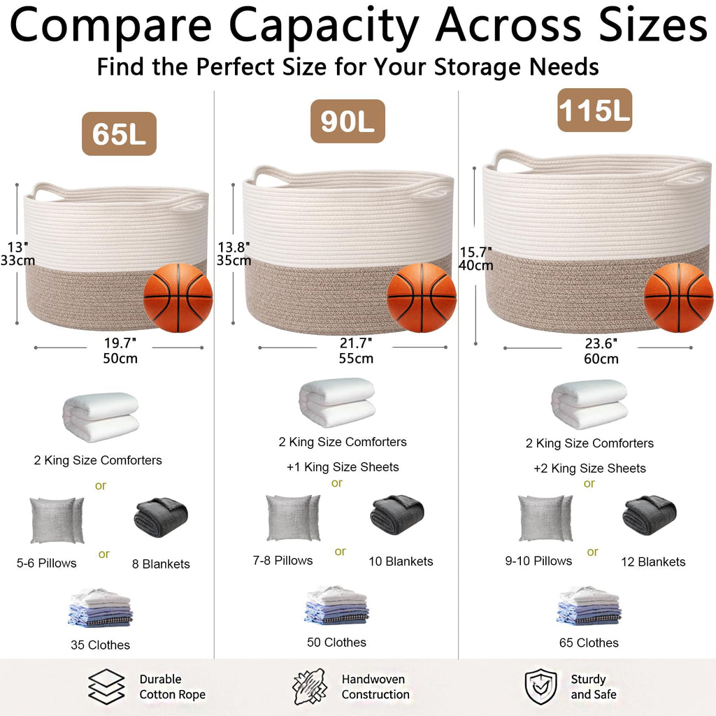 HZFTJOY Large Woven Blanket Basket,65L Cotton Rope Laundry Basket