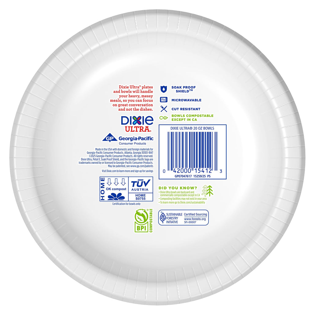 Dixie Ultra, Large Paper Bowls, 20 Oz, 150 Count (6 packs of 25 bowls), Microwave Safe, Compostable, Disposable Bowls Great For Breakfast, Lunch, And Dinner Meals