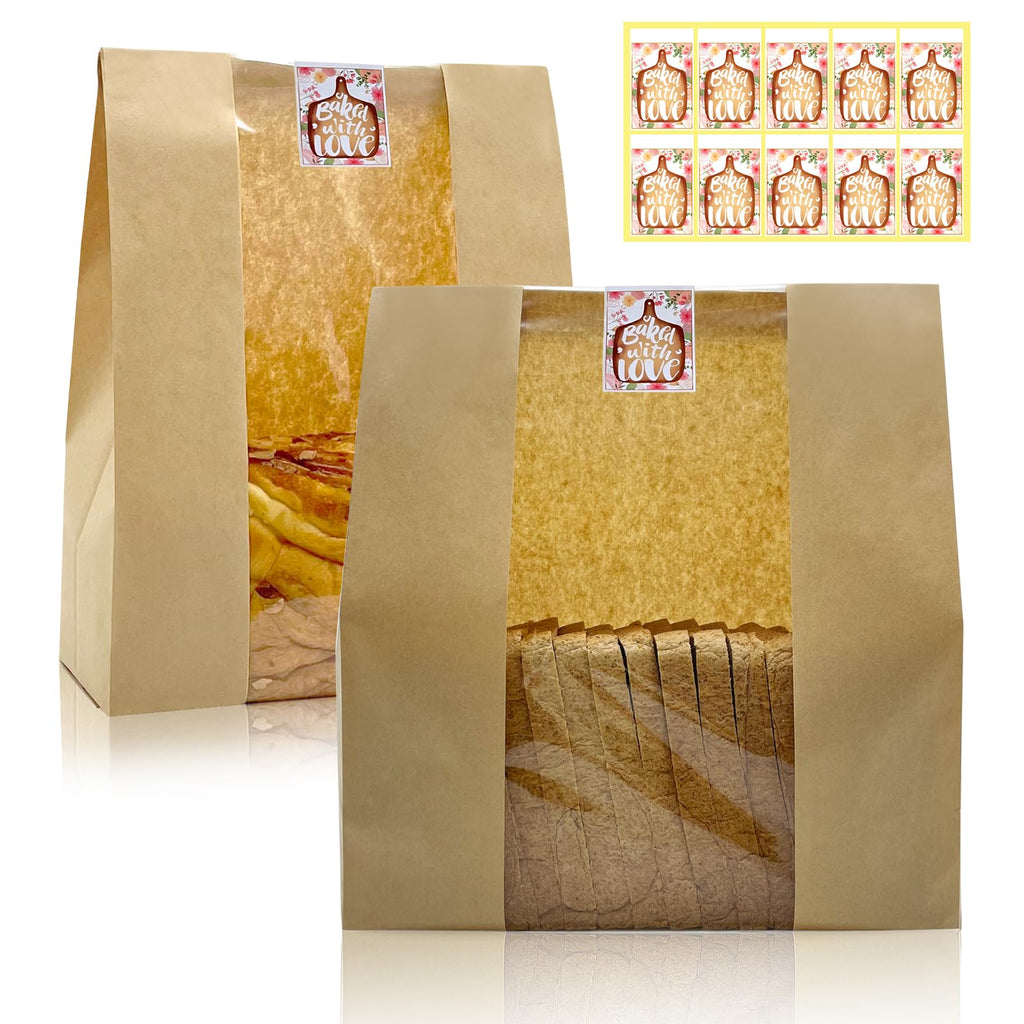 HiCivan 15.7x10.2x5.1in Extra Large Paper Bread Bags for Homemade Bread with Window&Sticker for Supersized Sourdough Bread, Oversized Bread Loaf, Baked Goods, Packaging for Gifting-Brown Kraft 50Pcs