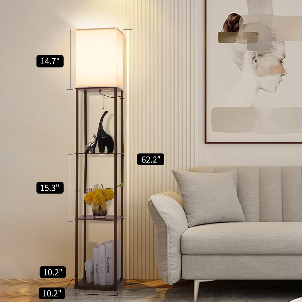 Gupuzm Floor Lamp with Shelves, with Modern Square Standing Lamp with Smart APP Control RGB Bulb, Corner Display Bookshelf Lamp for Living Room, Bedroom and Office(brown-9RGB)