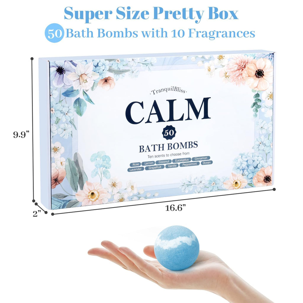 TranquilBliss Bath Bombs Set 50 PCS with 10 Scents, Natural Bathbombs, Blue