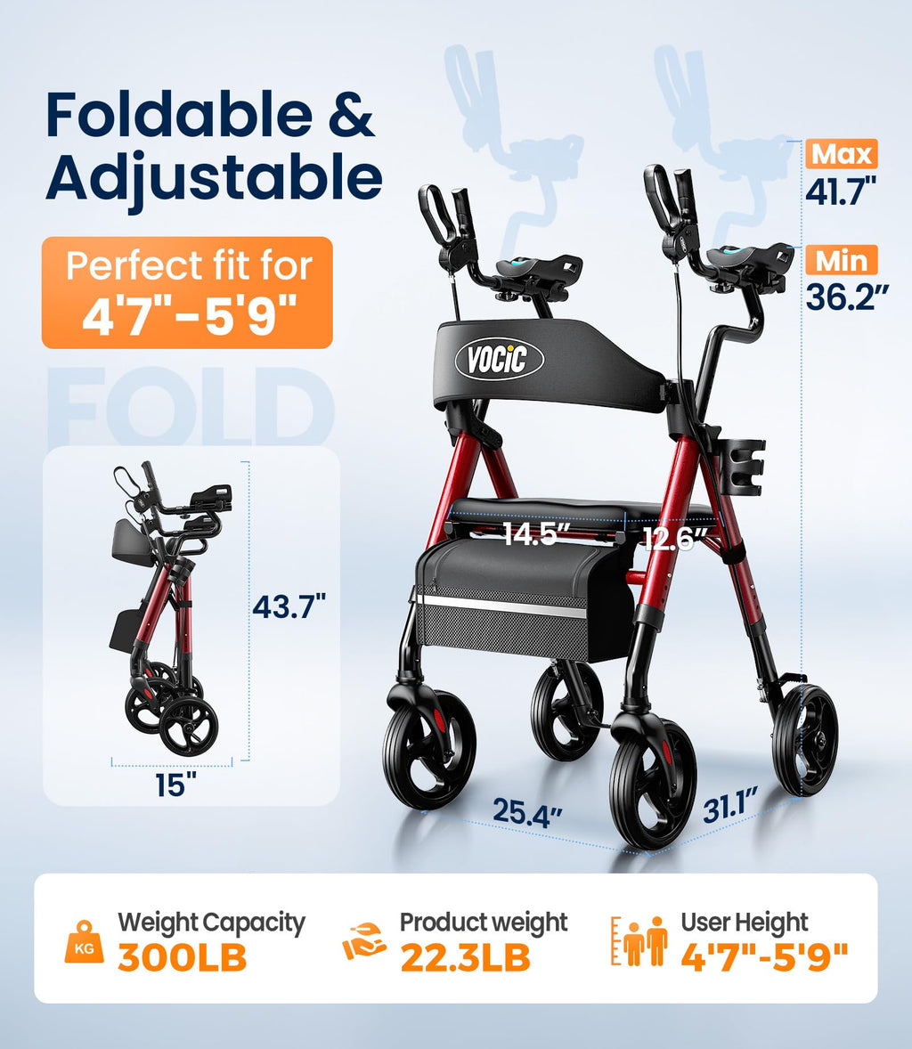 VOCIC Walkers for Seniors, Upright Walker with Adjustable Armrests, Z22 GelCool Stand Up Walker with Ergo Seat & Backrest, 8" All Terrain Rollator with 300lb,Cup& Cane Holder