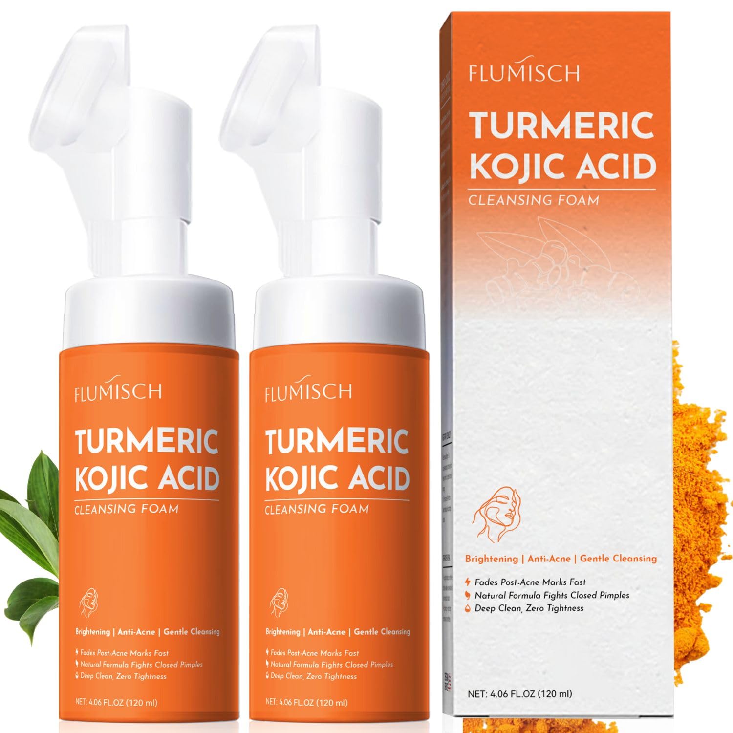 FluMisch Turmeric Kojic Acid Foaming Facial Cleanser, Kojic Acid And Turmeric Exfoliating Face Wash With Brush (4.23 fl.Oz), 2pcs