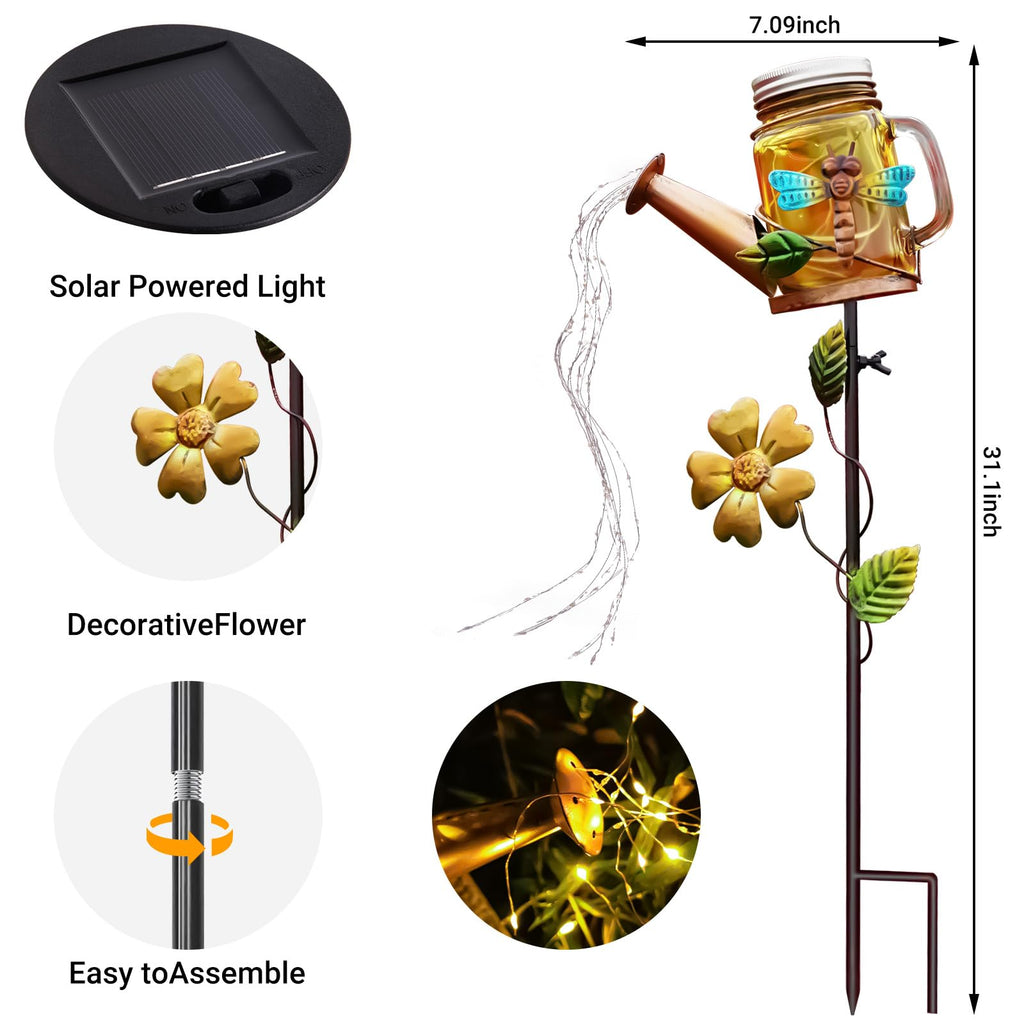 SRNPMIU Solar Watering Can Light, Yard Outdoor Decor Lights, IP65 Waterproof, Hanging Dragonfly Garden Light, Outside Garden Flower Bed Decor, Women Gift, Birthday Gifts