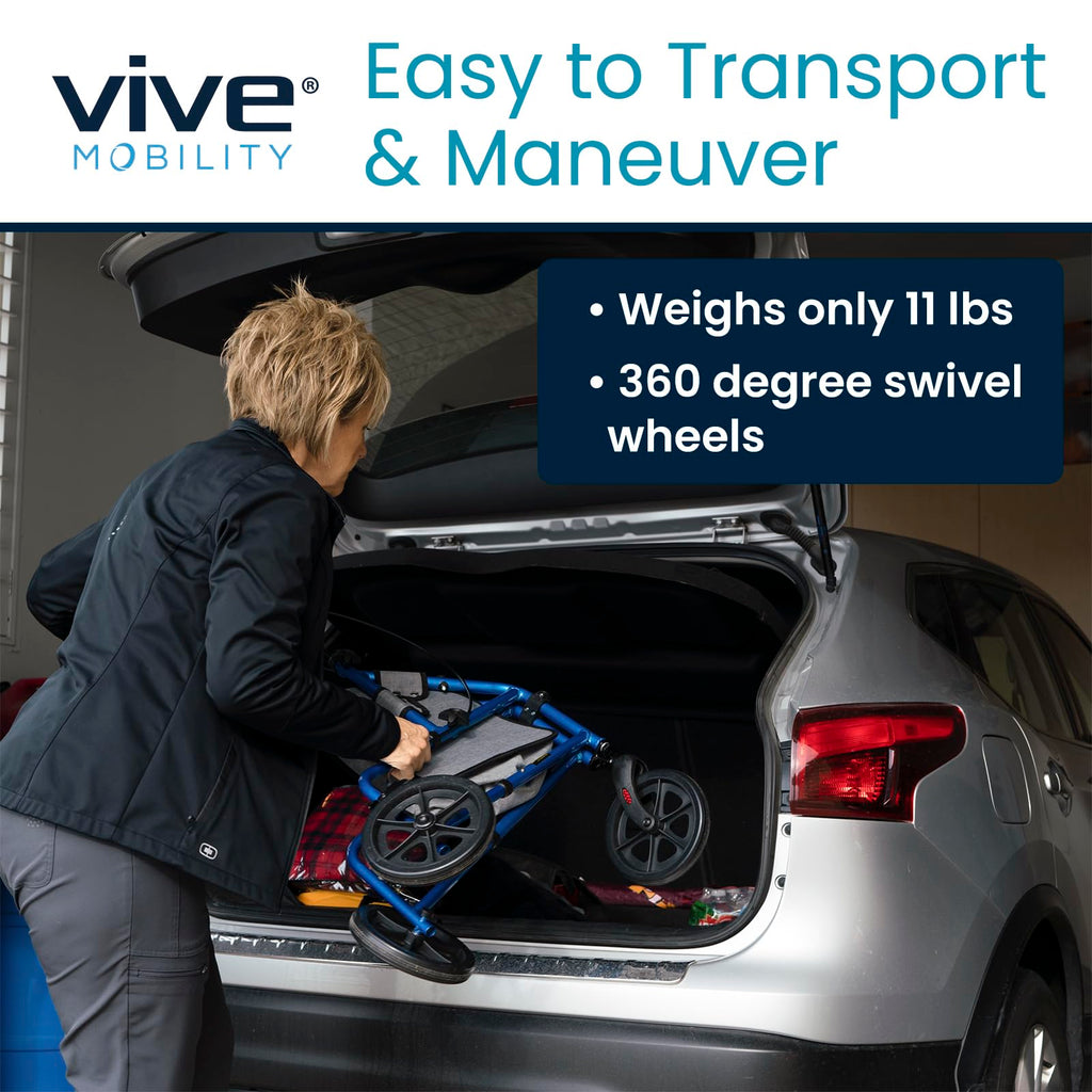 Vive Mobility 3 Wheel Walker - Three Wheeled Rollator for Seniors - Lightweight, Foldable, Narrow, Heavy Duty - for Elderly Men Women - Folding 3-Wheel Tri Scooter with Basket Bag