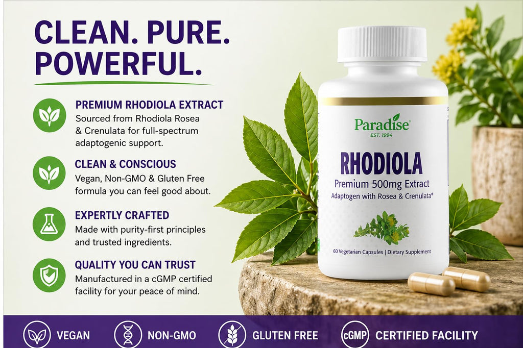 Paradise Herbs Rhodiola Extract 500mg, Super Potent Antioxidant, Ultra Pure, Vegan, Non-GMO, Gluten Free, 60 Vegetarian Capsules