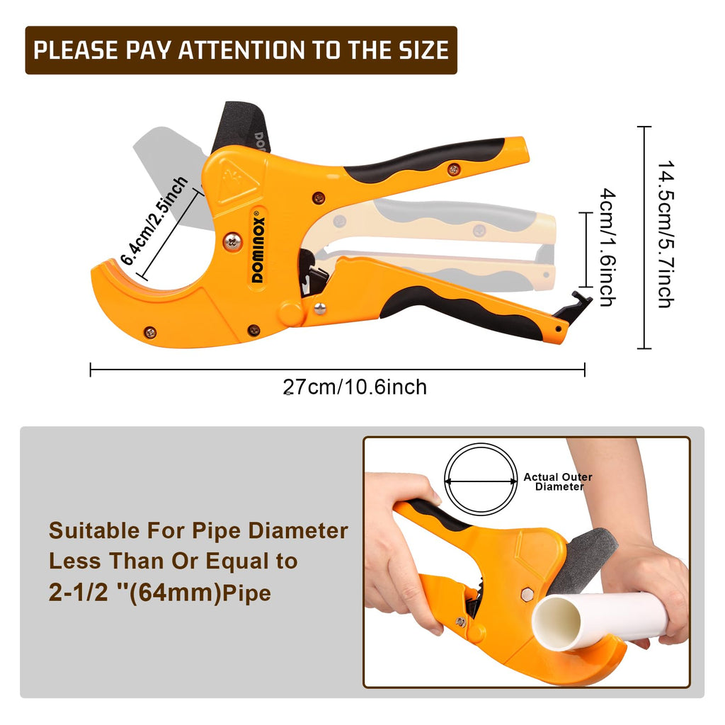 DOMINOX PVC Pipe Cutter, Cuts up to 2-1/2" PEX, PVC, PPR, Plastic Hoses& Plumbing Pipes,Ratchet PVC Cutter Tool with SK5 Blade and Aluminum Alloy Body