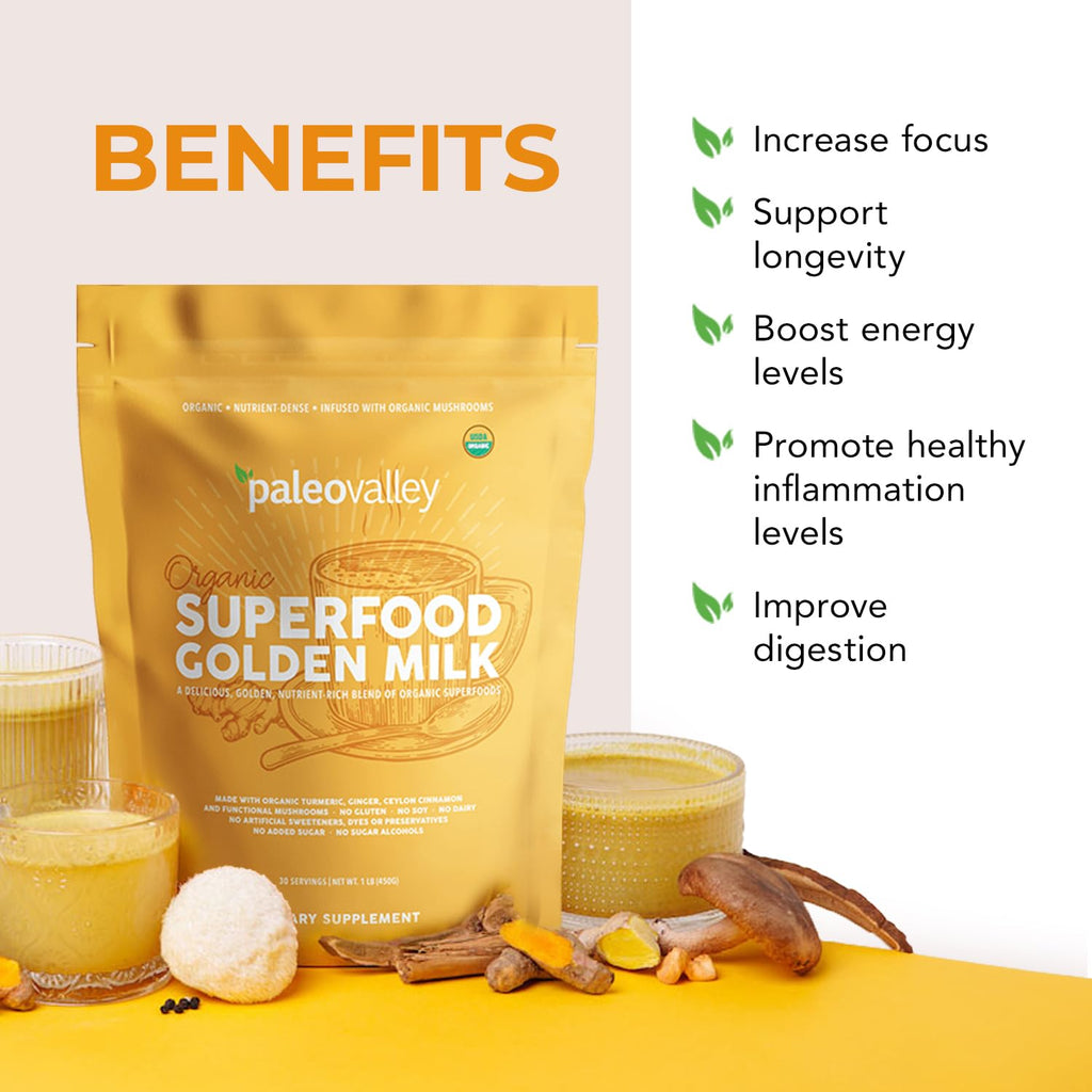 Paleovalley Organic Superfood Golden Milk - Immune, Focus, Cognitive, Longevity - Turmeric, MCT-Rich Coconut Milk, Functional Mushrooms, 30 Servings
