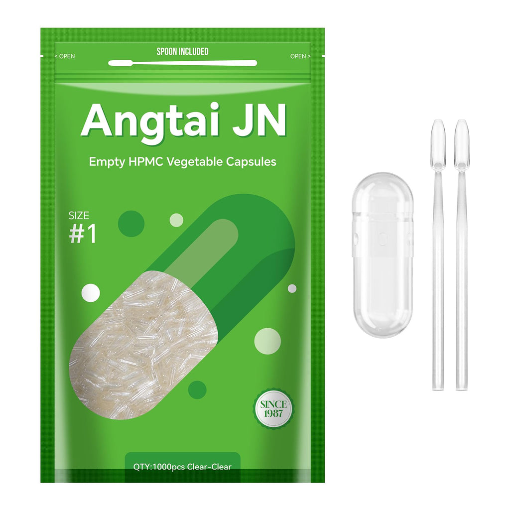 Angtai JN Size 1 Empty Capsules Vegan Plant Based Clear (1,000 Count) Gluten Free, Non-GMO, Halal Certified Pill Caps Filling Kit with 2 Spoons for Vegetarian DIY Your Own Supplements