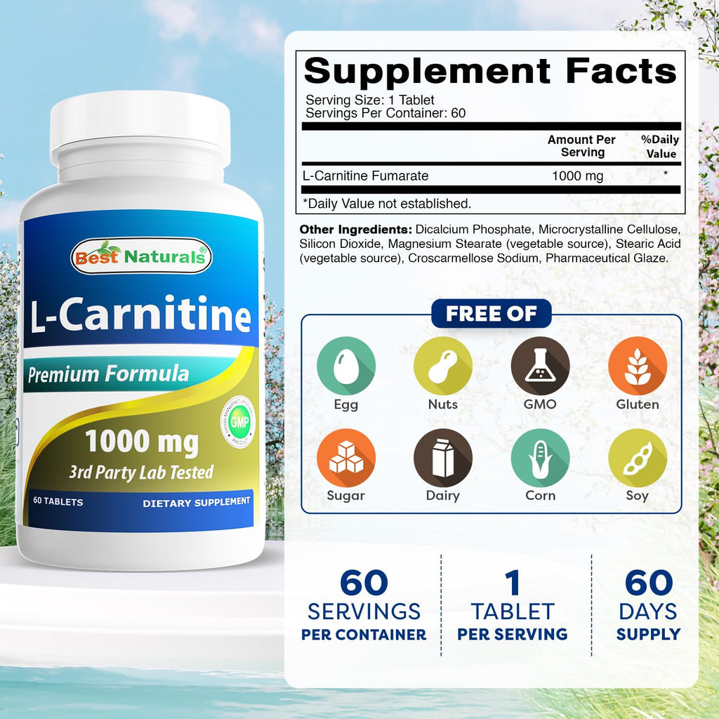 Best Naturals L-Carnitine 1000mg 60 Tablets (60 Count (Pack of 2))