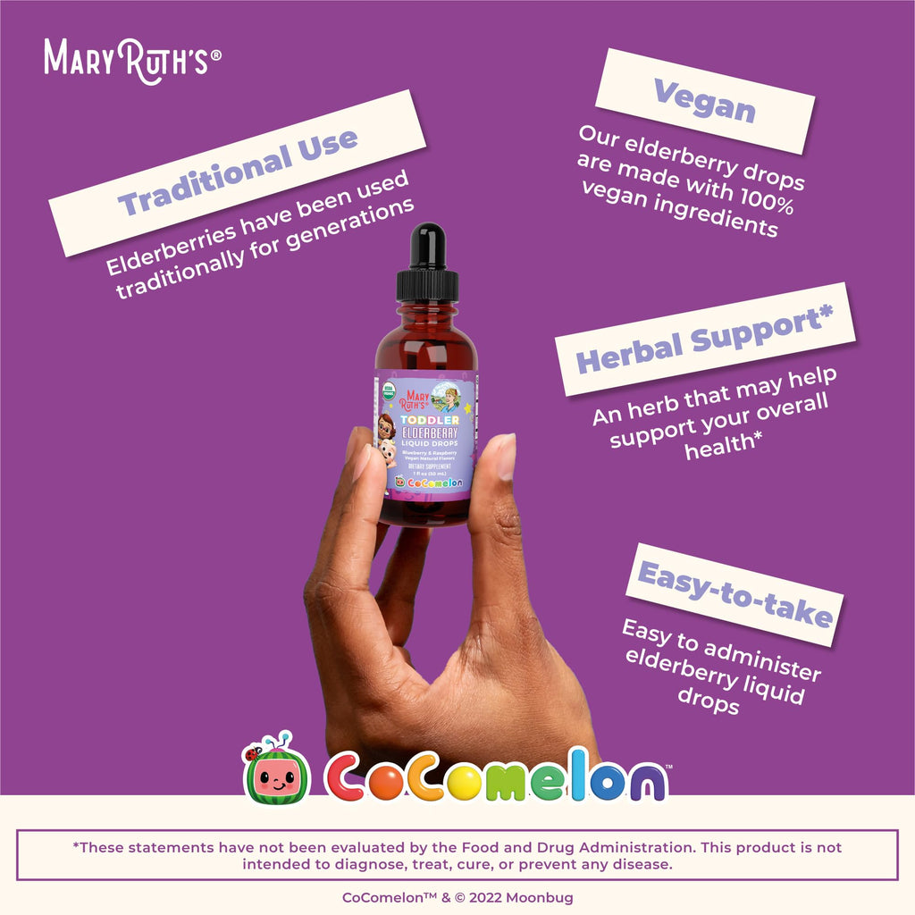 MARYRUTH'S Cocomelon Toddler Elderberry Syrup, USDA Organic Elderberry, Sugar Free Kids Immune Support Supplement for Ages 1-3 Years, Clean Label Project Verified®, Vegan, Gluten Free, 1 Fl Oz
