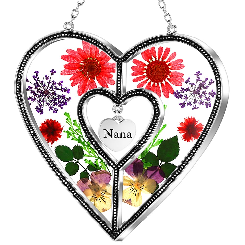 KY&BOSAM Nana Gifts Heart Suncatchers Pressed Flower Glass Window Hanging